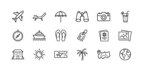 Fototapeta premium Travel icons set, 18 linear vacation symbols in EPS format. Minimalist tourism elements for summer holiday design, adventure planning, and agency branding. vector