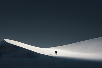 Solitary figure stands on a snow-covered dune in a vast, barren landscape under a clear sky