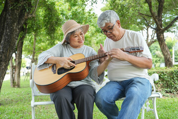 Happy Senior Couple Playing Guitar Together in Sunny Park: Leisure, Music, and Retirement Lifestyle