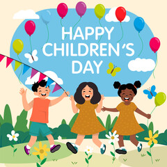 Joyful kids jump and play on Children's Day. A bright festive scene full of movement, nature, and smiles.