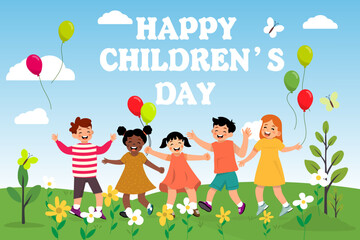 Happy kids celebrate Children's Day outdoors. Bright illustration of unity, joy, and friendship.