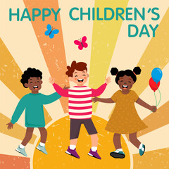 Three cheerful kids jump with balloons on Children's Day. A bright festive scene full of joy and movement.