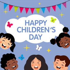 Smiling cartoon faces celebrate Children's Day. A bright festive cloud surrounded by joy and diversity.