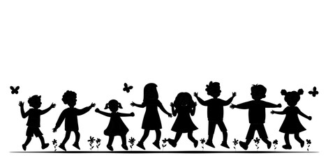 Silhouetted children dance and play together. A clean minimal illustration of joy and unity.