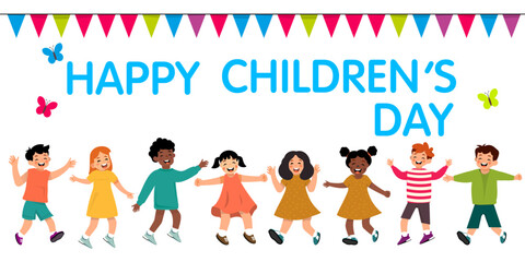 Smiling children celebrate together on Children's Day. A bright festive illustration of unity and joy.