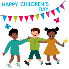 Three happy kids play on Children's Day. A bright festive illustration of joy, nature, and togetherness.