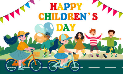 Six cheerful kids ride and play outdoors on Children's Day. A vibrant festive scene full of joy and motion.