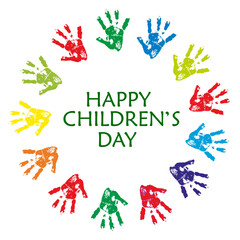 Colorful handprints form a festive circle for Children's Day. A joyful abstract symbol of unity and creativity.