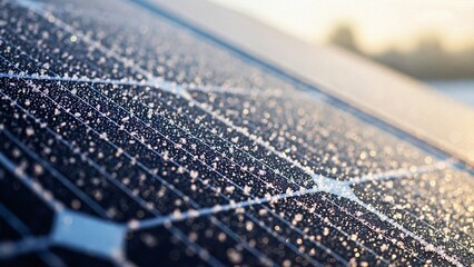 Closeup of solar panel with droplets of water reflecting sunlight  