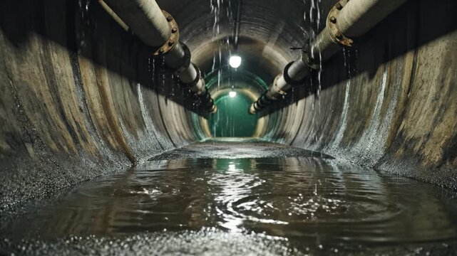 Interior view of a dark round concrete sewer tunnel with water dripping from pipes above. The atmosphere is damp and gloomy, suitable for industrial or urban exploration themes.