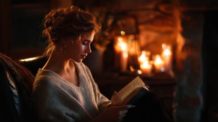 Cozy evening reading by candlelight in a warm, inviting space