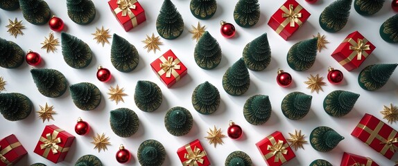 Overhead flat lay design with rows of mini christmas trees golden star ornaments red baubles and present boxes on white backdrop festive pattern 200chr