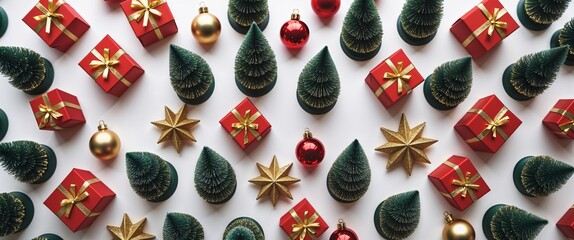 Festive white background covered in mini christmas trees golden star ornaments and colorful gift boxes overhead flat lay pattern seasonal decor 200chr