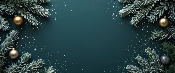 Festive Holiday Background Featuring Evergreen Branches Accented With Golden and Silver Ornaments and a Delicate Scattering of Silver Glitter Against Deep Teal Backdrop