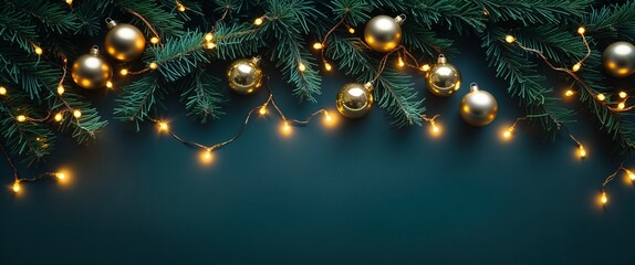 Inviting Holiday Backdrop Showcasing Lush Green Pine Branches Adorned With Shimmering Golden Ornaments and Softly Glowing Fairy Lights Set Against Deep Teal Surface