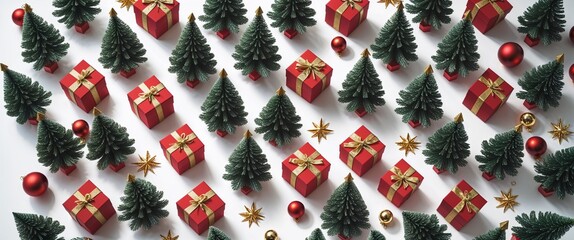 Festive Arrangement Featuring Miniature Christmas Trees, Red Gift Boxes Adorned With Gold Ribbon, Glittering Gold Stars, and Decorative Red and Gold Ornaments in Flat Lay Arrangement