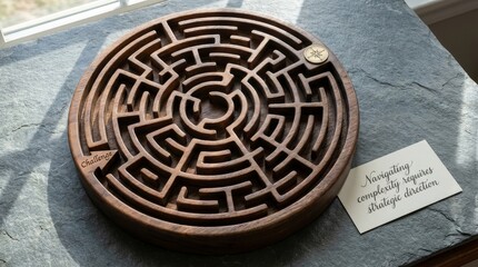 Wooden circular maze game with intricate pathways