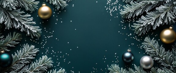 Enchanting Holiday Setting Featuring Frosted Evergreen Sprigs Complemented by Assorted Ornaments and Delicate Scatter of Silver Glitter Against Deep Teal Canvas