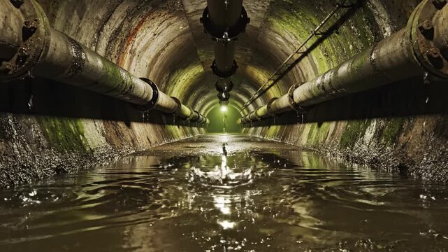 Dark damp sewer tunnel with leaking pipes green moss concrete walls. Eerie industrial atmosphere with water splashes. Perfect for horror urban decay mystery concepts.