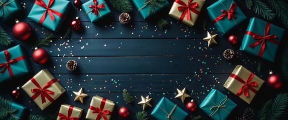 Festive Flat Lay Composition of Beautifully Wrapped Presents Adorned with Ornaments and Pine Cones on Dark Wooden Background Displaying Elegant Holiday Celebration Decoration With Copy Space