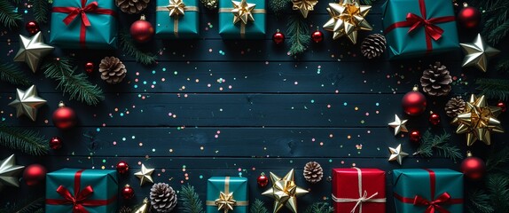 Festive Winter Holiday Flat Lay Top View Arrangement with Beautifully Wrapped Presents Balls Stars and Pine Cones Adorning Dark Wooden Surface Perfect for Elegant Celebratory Greetings