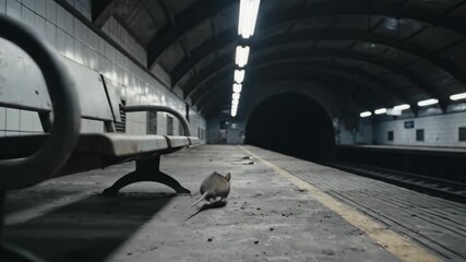 A small rat scampers along a deserted subway platform towards a dark tunnel. This gritty urban scene evokes isolation and decay, suitable for cinematic storytelling. - Powered by Adobe