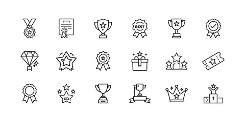 Award and achievement outline icons set. trophies, medals, stars, certificates, recognition ribbons, and success symbols for victory and quality. Vector, illustration
