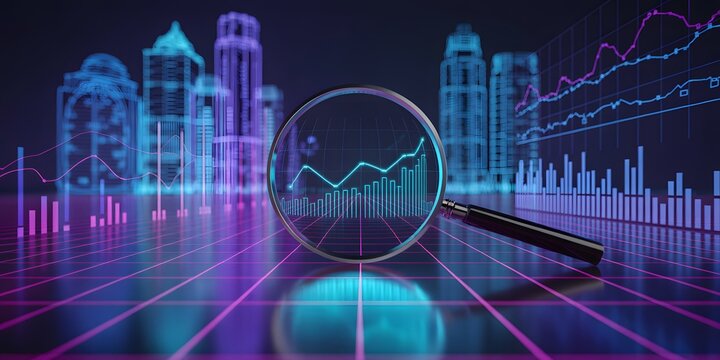 Magnifying glass over upward growth graph with futuristic city background, analytics, data, and financial business success concept illustration - Powered by Adobe