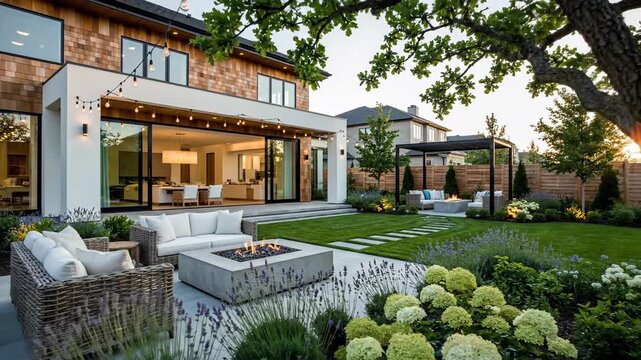 Modern luxury home outdoor living space with fire pit and lush landscaping