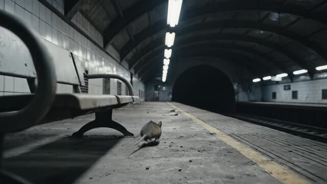 A small rat scampers along a deserted subway platform towards a dark tunnel. This gritty urban scene evokes isolation and decay, suitable for cinematic storytelling.