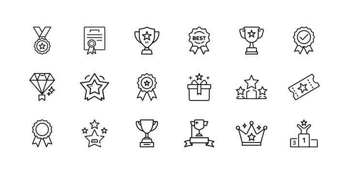 Award and achievement outline icons set. trophies, medals, stars, certificates, recognition ribbons, and success symbols for victory and quality. Vector, illustration