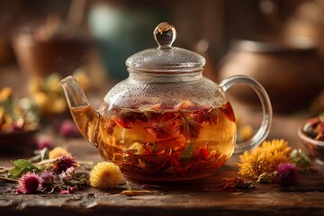 Glass Teapot Filled with Herbal Tea and Dried Flowers Image