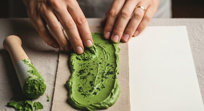 Hands applying green clay paste on linen strip, showcasing textural elements and the creative process. Concept of ancient rituals, pottery, or art forms. Suitable for craft or art-related articles.