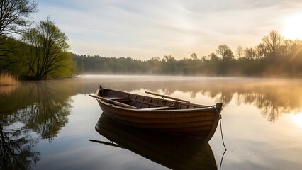 Obraz premium Wooden Boat on Lake in Morning Mist