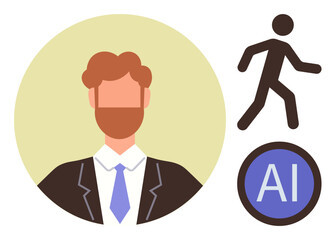 Business professional with a suit and tie, AI circular emblem, and walking figure. Ideal for technology, leadership, innovation, progress, automation AI development collaboration. Simple flat