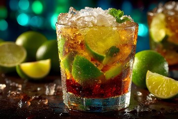 Iced Rum and Lime Cocktail with Mint Garnish crushed ice Image