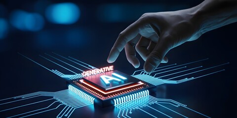 Digital processor chip labeled generative AI glowing on motherboard, advanced artificial intelligence computing and futuristic data technology concept