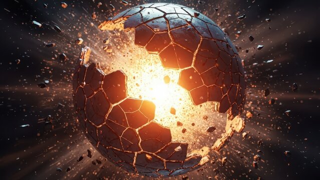 Hot rock explosion, Splitting fiery globe reveals glowing interior layers