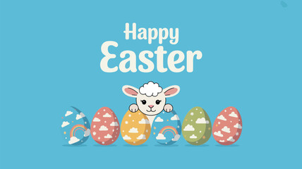 Adorable sheep peeking over decorated easter eggs with happy easter greeting