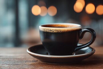 Image Black Coffee Cup with Frothy Top on Wooden Table saucer