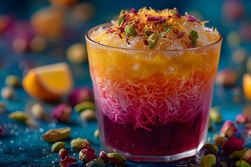 Layered Dessert Drink with Noodles and Fruit glass Image