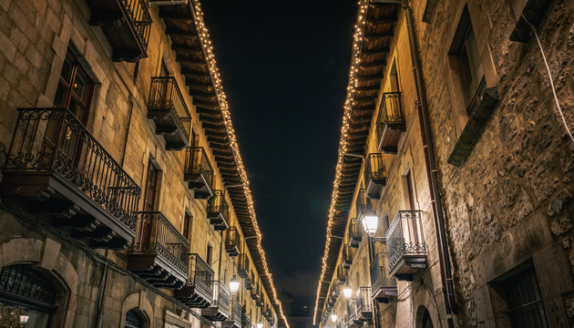 calle estrecha de un casco antiguo, iluminada con luces navide&ntilde;as c&aacute;lidas que bordean los tejados y balcones de edificios de piedra y madera, creando un ambiente festivo y acogedor durante la noche.