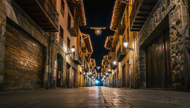 calle estrecha de un casco antiguo, iluminada con luces navide&ntilde;as c&aacute;lidas que bordean los tejados y balcones de edificios de piedra y madera, creando un ambiente festivo y acogedor durante la noche.