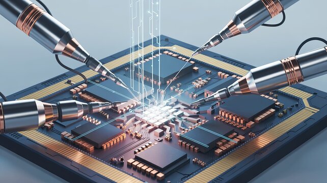 A digital illustration depicting intricate
nano-machines diligently repairing microscopic fractures within a complex computer microchip.