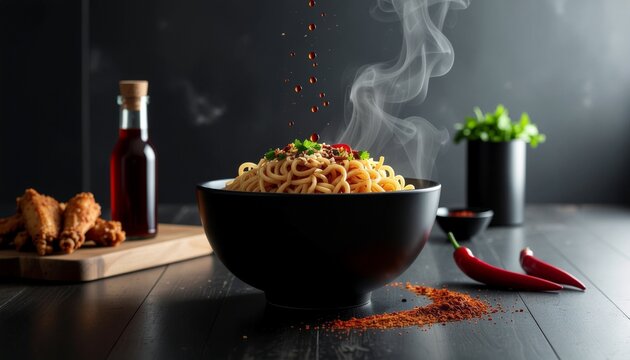 A tantalizing bowl of freshly prepared spicy Asian noodles, with steam rising and chili flakes adding a burst of heat and flavor