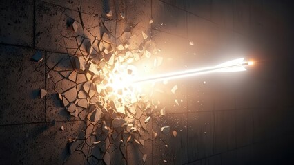 Rapid arrow cuts across ruined city walls amidst debris and dust