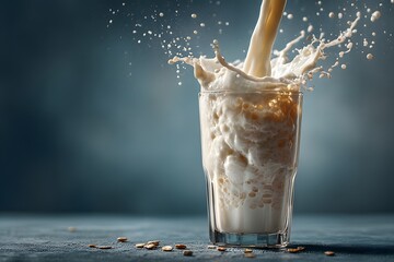 Milk Pouring into Glass Creating Splash and Bubbles Image