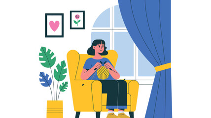 A young woman relaxes in a comfortable armchair, knitting a yellow garment near a window with blue curtains and potted plants.