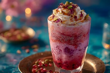 Pink Layered Drink with Whipped Cream and Pomegranate Image