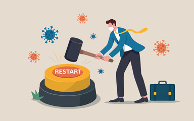 A person in a suit and mask is about to hit a giant 'RESTART' button with a mallet while surrounded by virus icons.